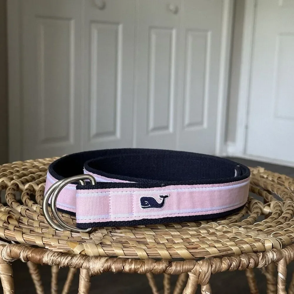 Vineyard Vines Belt Pink Blue Whale Print Sz XXL Canvas Grosgrain Ribbon EUC